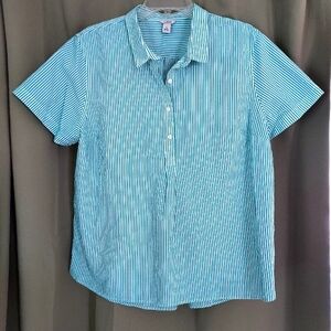 L.L.Bean Green & White Striped Linen Half Button-up Top Beach Costal Vacay